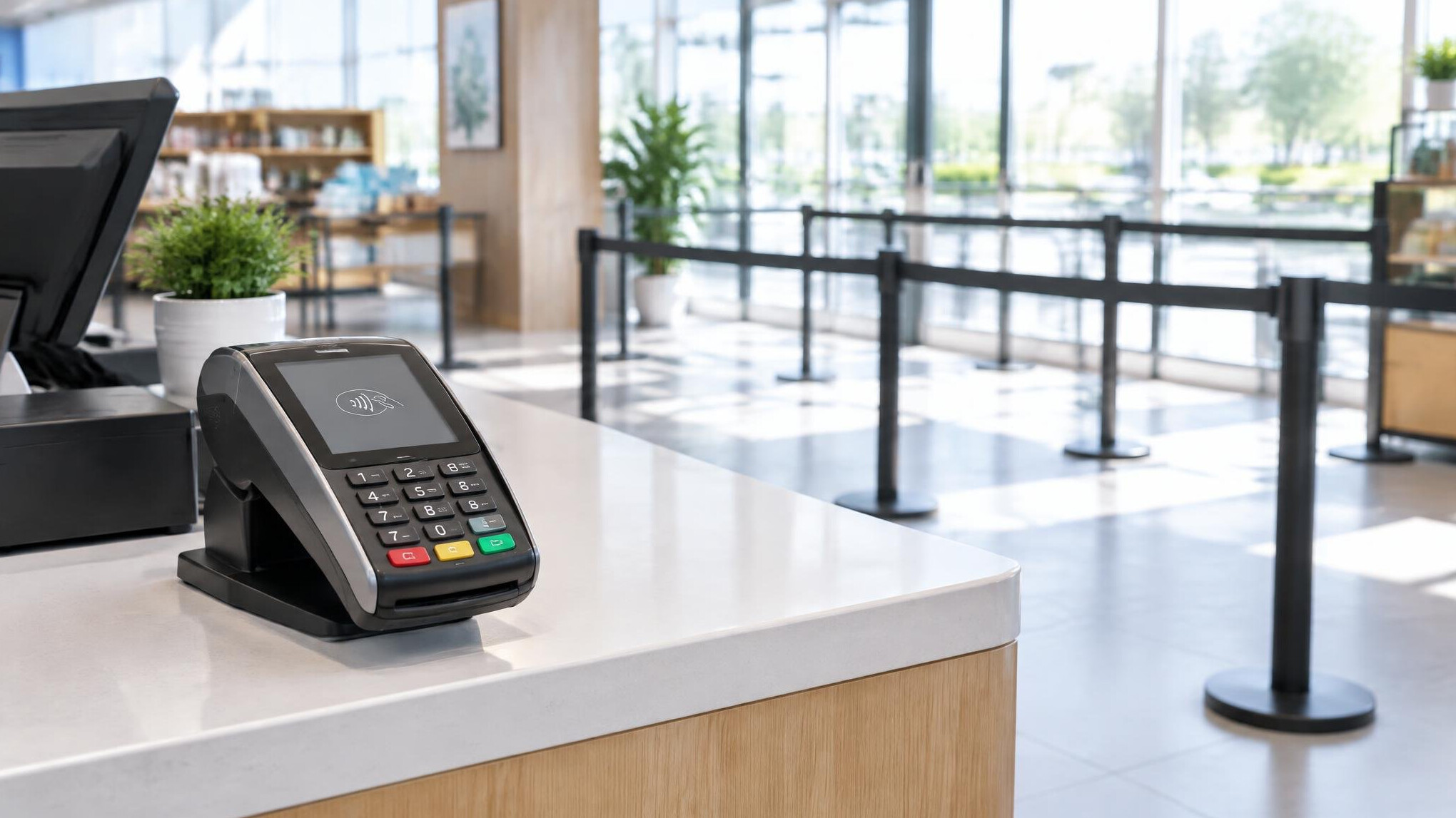 Modern retail checkout payment terminal on a counter