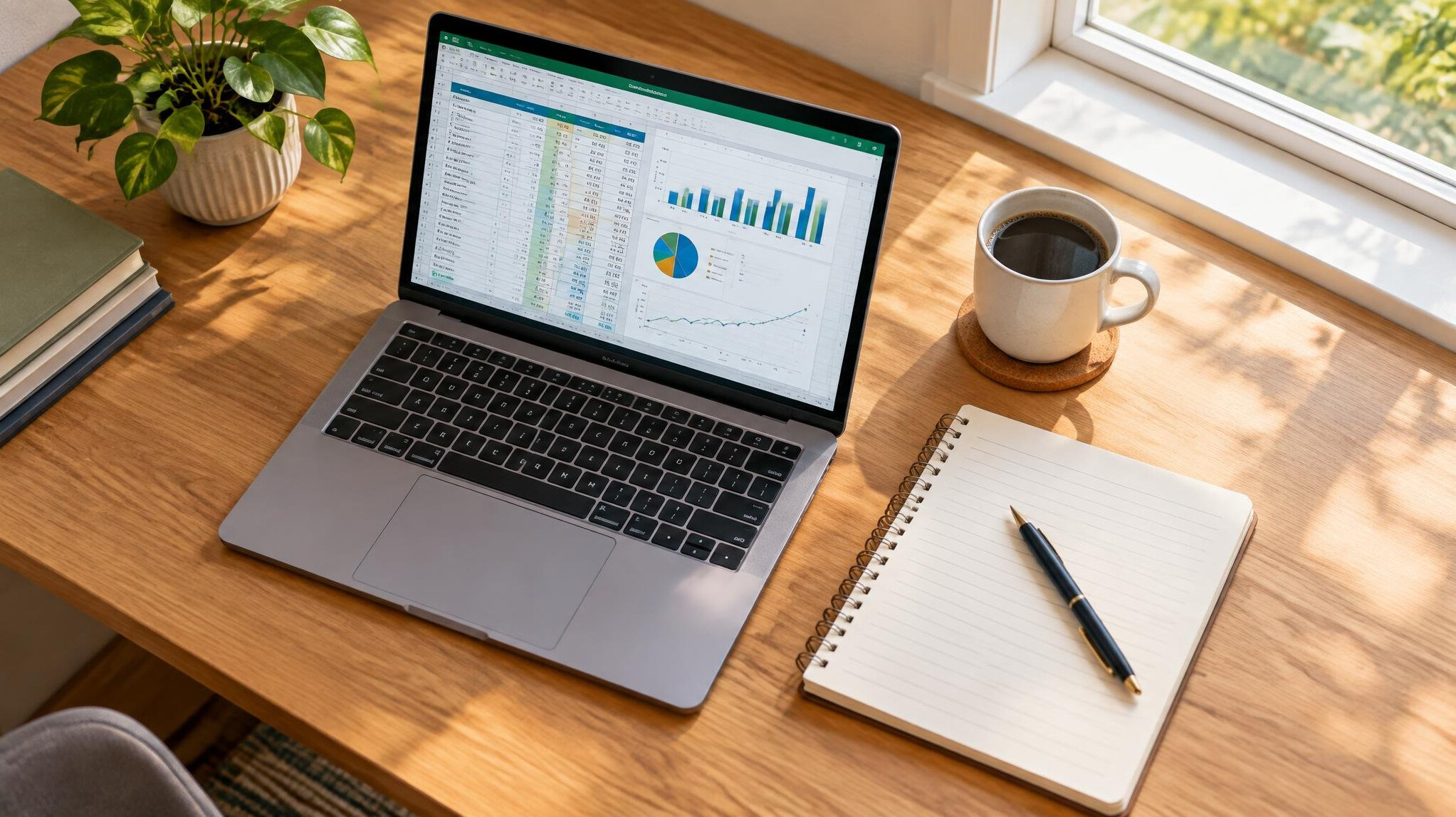 Laptop and notebook on a desk for planning and analysis