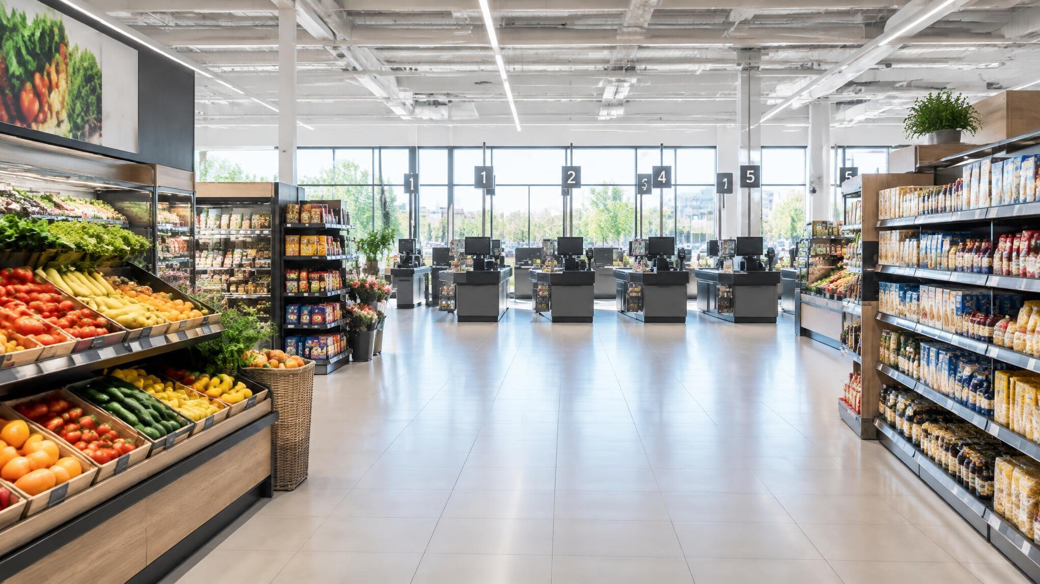 Supermarket aisle with checkout lanes in the background